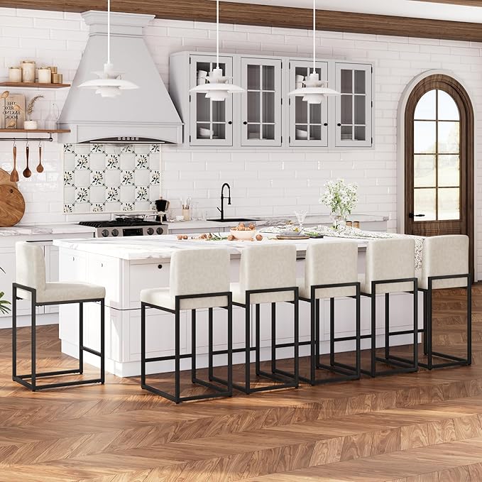 ALPHA HOME 24 Inch Bar Stools Set of 6, Kitchen Counter Stools with Backs, PU Leather Barstools, Kitchen Stools with Back&Upholstered Footrest, Sturdy Chromed Metal Steel Frame, Light Gray