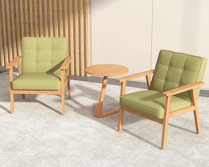 Modern Accent Chair with Wooden Table, Upholstered Linen Fabric Leisure Chair Comfy Side Chair with Backrest Button and Arm Rest for Living Room Bedroom Reading(Green)