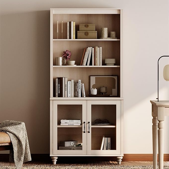 WAMPAT 5 Tier Bookshelf 72" Tall Bookcase with Glass Doors,Large Farmhouse Display Book Shelf with Adjustable Shelves and Storage Cabinet,Library Wood Bookshelves for Living Room,Kitchen, Light Oak