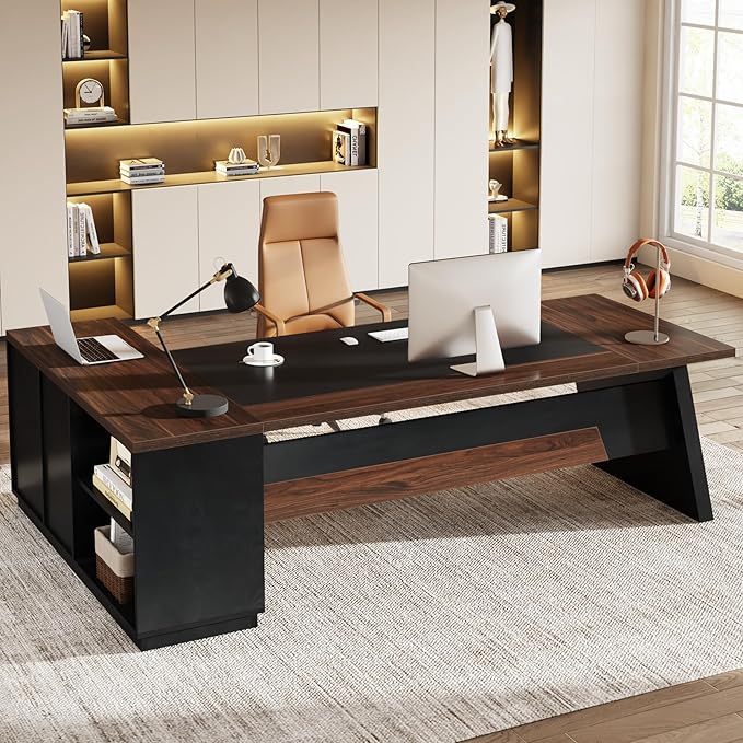 Tribesigns 78" L-Shaped Executive Desk, Large Office Desk with Drawers and Lateral File Cabinet, Business Furniture with Storage Shelves, Modern Computer Desk for Home Office, Walnut & Black