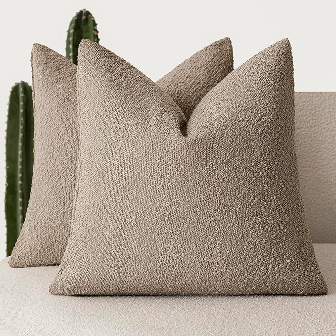 Foindtower Pack of 2 Textured Boucle Throw Pillow Covers Accent Solid Pillow Cases Cozy Soft Decorative Couch Cushion Case for Chair Sofa Bedroom Living Room Home Decor 18x18 Inch Light Khaki Tan