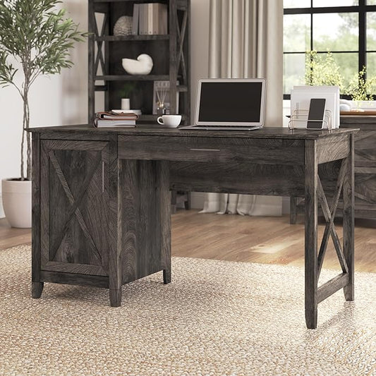 Bush Furniture Key West Computer Desk with Storage | Farmhouse PC Table for Home Office in Dark Gray Hickory | 54W x 24D