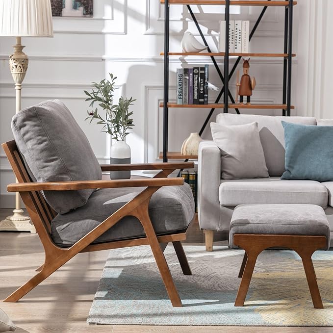 Wahson Mid Century Arm Chair and Ottoman Set, Upholstered Accent Armchair with Wood Frame and Canvas Cushions, Leisure Slipper Chair for Living Room/Bedroom, Grey