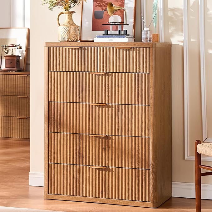 LEYAOYAO Fluted 6 Drawers Dresser for Bedroom, 42" Tall Modern Chest of Drawers with Metal Handle, Curved Profile Design,Brown Wood Drawer Organizer for Bedroom, Living Room, Hallway, Entryway