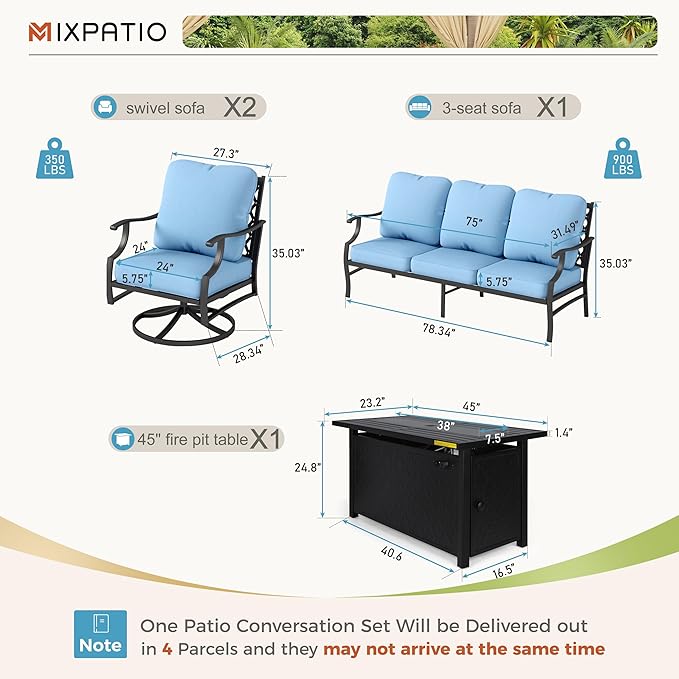 Patio Furniture Set with Firepit Table, 4 Pcs Metal Outdoor Conversation Set, 2 Swivel Chairs and 3 Seater Sofa with 5.75" Extra Thick Cushion and Gas Fire Pit Table for Backyard Deck, Blue