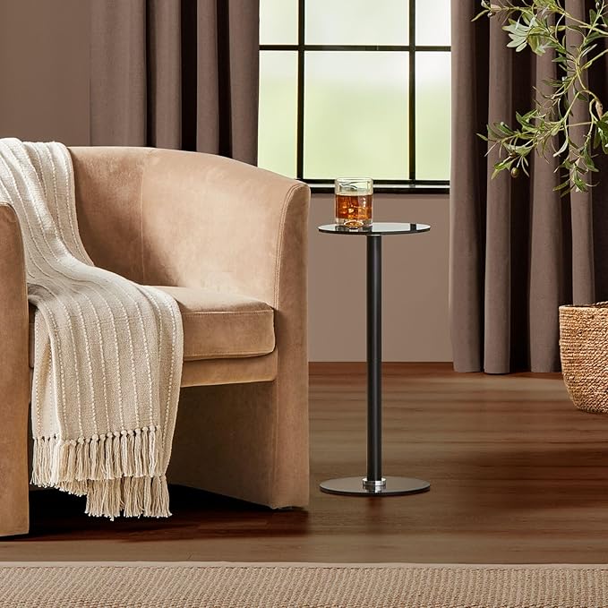 mDesign Glass Top Side/End Drink Table - Tall Modern Round Accent Metal Nightstand Furniture for Living Room, Dorm, Home Office, and Bedroom - 9" Round - Dark Smoke Gray/Black