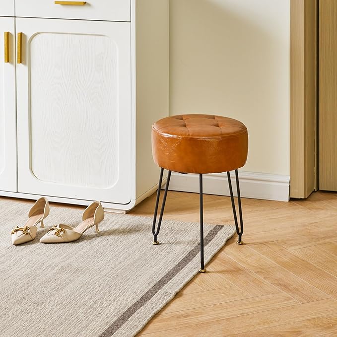 IBUYKE Faux Leather Round Footrest, Makeup Vanity Stool Side Table, PU Dressing Table Seat, Pouf Couch Stool, Golden Steel Legs, Light Brown LG-31J