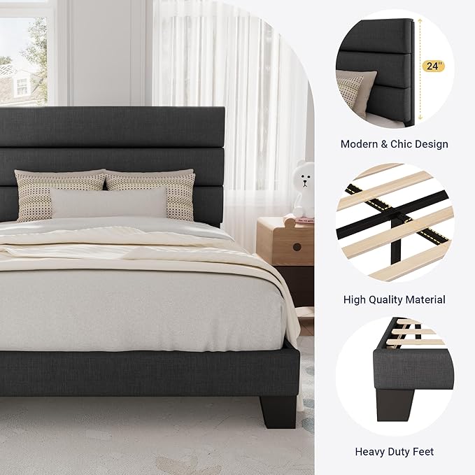 Allewie Twin Size Platform Bed Frame with Fabric Upholstered Headboard and Wooden Slats Support, Fully Upholstered Mattress Foundation/No Box Spring Needed/Easy Assembly, Dark Grey