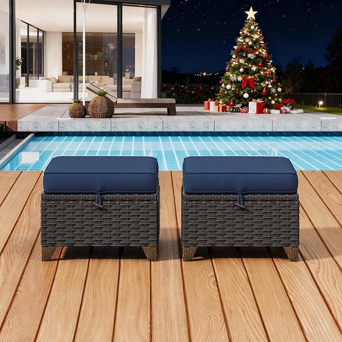 2 Pieces Patio Outdoor Ottomans with Removable and Washable Covers,PE Rattan Wicker Footstools for Porch, Garden, Sunroom (Navy Blue)