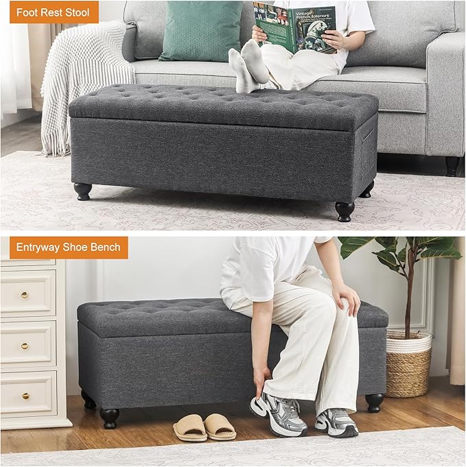 Storage Ottoman Bench 46 Inch Ottoman Bench with Storage Fabric Tufted Benches for End of Bed, Upholstered Ottomans Benches King Size with Hinged Lid for Living Room Bedroom Dark Grey