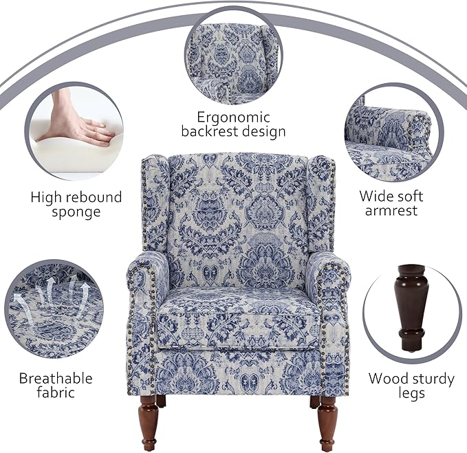 Lumibee Wingback Accent Chair,High Back Floral Armchairs in Fabric,Comfy Upholstered Reading Single Sofa Chair with Solid Wood Legs for Living Room,Bedroom,Office-Navy