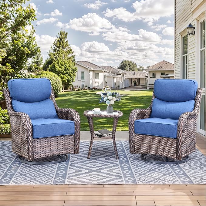HUMMUH Outdoor Patio Wicker Swivel Rocker Chairs with 6-Inch Thick Cushion High Back 3 PCS Wicker Conversation Set for Porch Balcony Deck