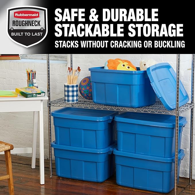 Rubbermaid Roughneck Tote 14 Gal, 6 Pack, Made in USA, Heritage Blue, Rugged Plastic Stackable Storage Bins with Lids and Handles