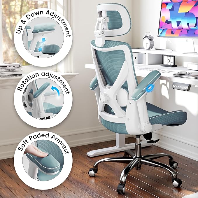 Office Home Ergonomic Desk Chair-Computer X-Shaped Chair Mesh PU Leather with Adjustable Lumbar Support-Executive Chair High Back with Headrest Flip-Up Arms for Long Hours (Sky Blue)