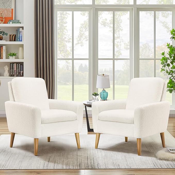 Lohoms Sherpa Accent Chair, Modern White Teddy Fabric Upholstered Comfortable Armchair, Comfy Reading Leisure Chairs for Bedroom, Living Room, Home Office, Small Sofa Chair with Wood Legs