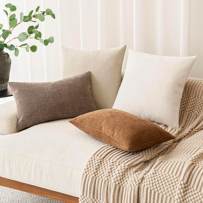 Foindtower Pack of 2 Soft Textured Chenille Throw Decorative Pillow Covers Square Accent Solid Cushion Cover Cozy Neutral Farmhouse Pillow Case for Couch Sofa Bedroom Living Room 22x22 Inch, Beige