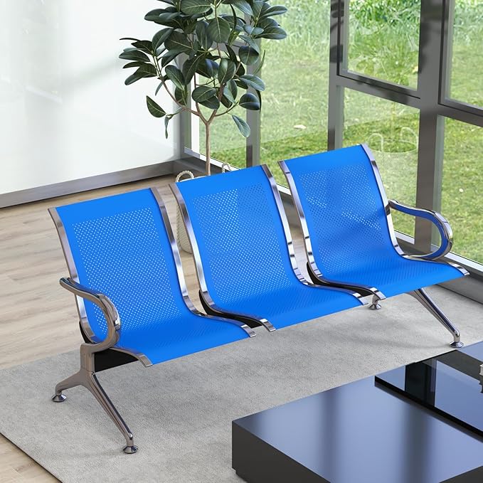 Kinsuite 3-Seat Reception Chairs - Waiting Room Chairs with Arms & Stainless Steel Frame, Waiting Room Bench Lobby Chairs for Office Airport Bank Hospital, Blue