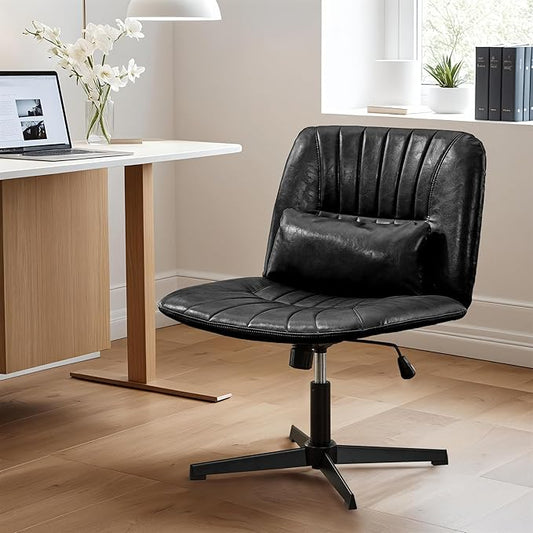 URRED Criss Cross Office Chair, Armless Cross-Legged Desk Chair with Fixed Legs, Height Adjustable Wide Seat Task Vanity Chair for Home Office or Bedroom (Black)