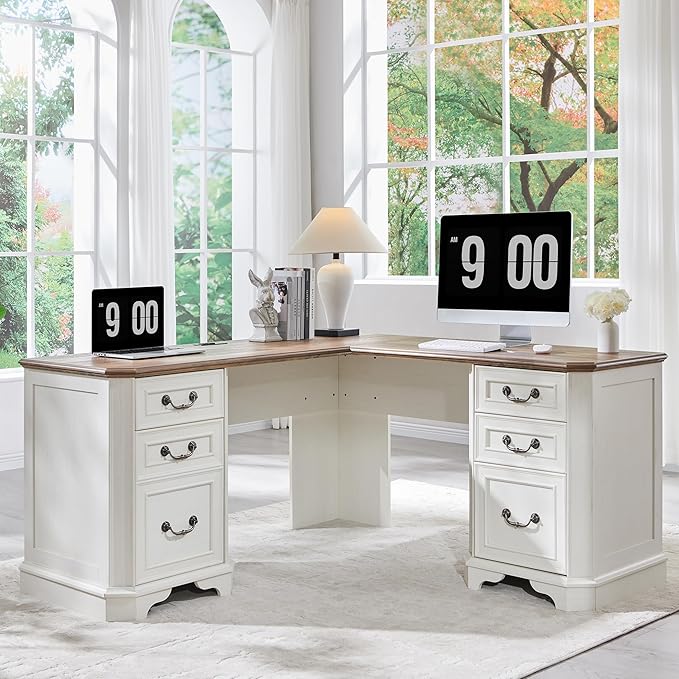 T4TREAM L Shaped Desk with Drawers,59" Farmhouse Wood Home Office Executive Desk,Charging Station,File Drawer, Storage Cabinet,Computer Desk for Work and Study (Antique White)