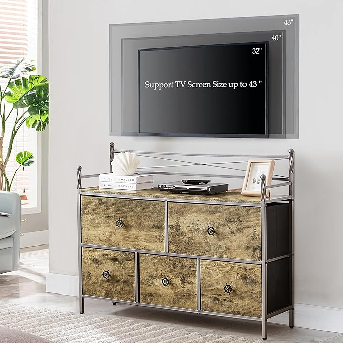 VECELO Dresser TV Stand for Bedroom with 5 Fabric Drawers, Entertainment Center for 32/40/43 in TVs, Media Console Table with Storage, Open Shelf, Adjustable Feet, Living Room Furniture, Rustic Gray