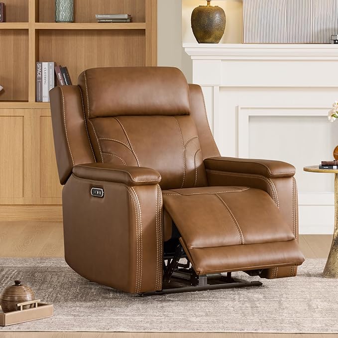 Watson & Whitely Oversized Lay Flat Recliner for Big and Tall, Genuine Leather Electric Recliner Chairs for Adults with Power Headrest & Chargers for Living Room, Saddle Brown