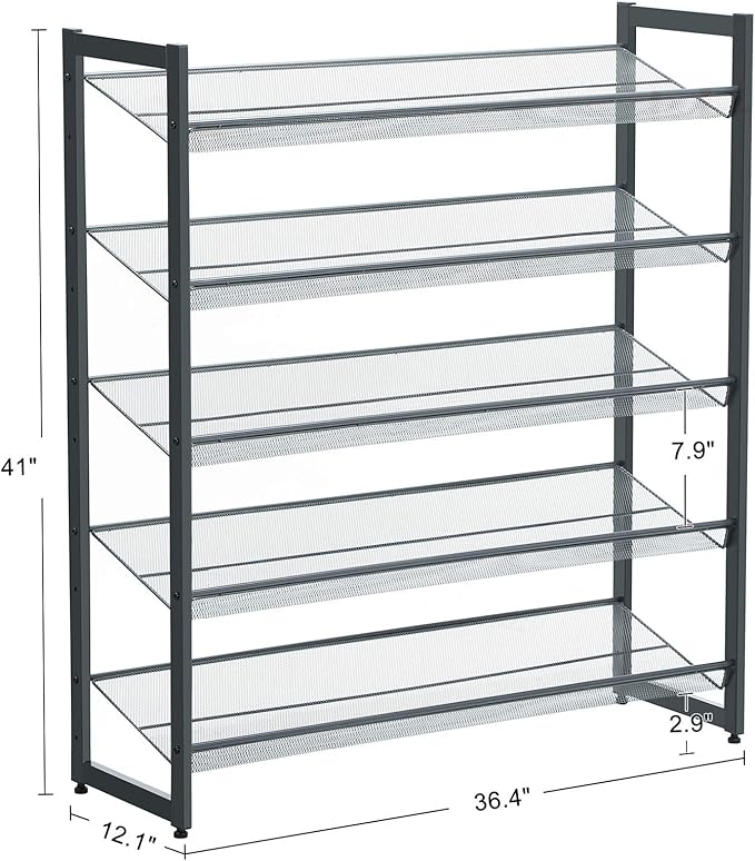 SONGMICS Shoe Rack, 5-Tier Shoe Organizer, Metal Shoe Storage for Garage, Stackable Shoe Shelf, with Adjustable Flat or Angled Shelves, 20-25 Pairs, Charcoal Gray ULMR05GB