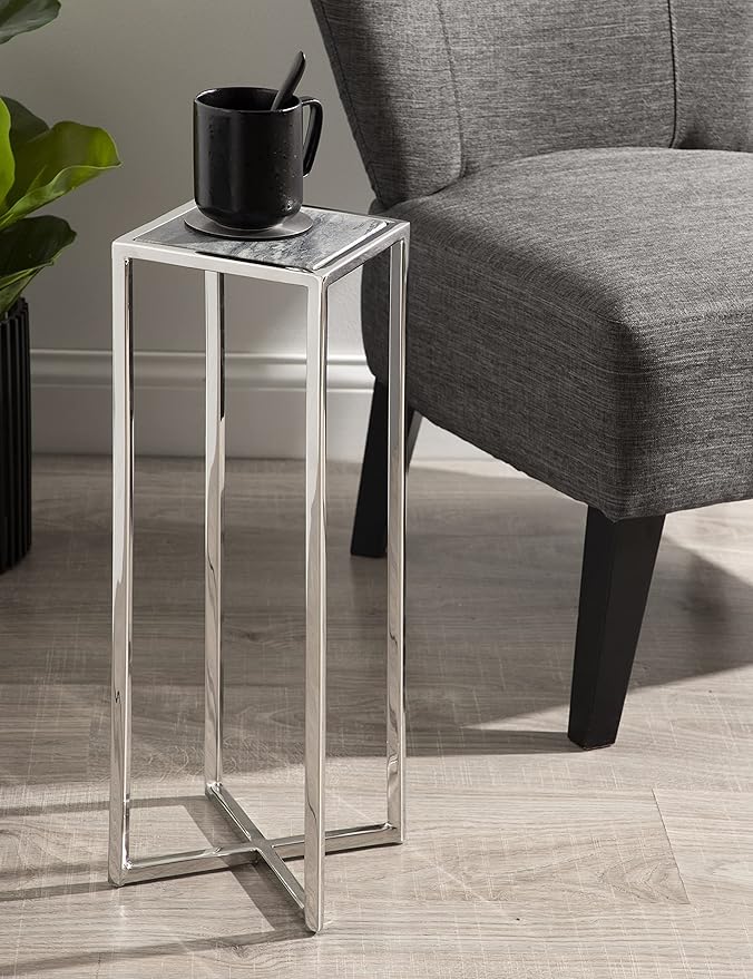 Kate and Laurel Jaspur Modern Drink Table, Gray and Silver, Decorative Glam Marble Accent Table for Display and Storage