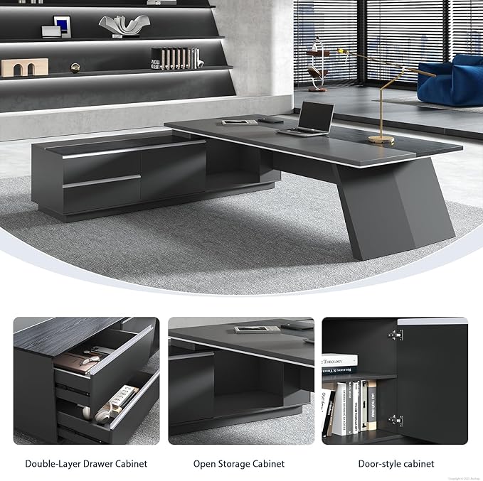 L-Shaped Black Executive Desk with Drawers, Large Modern Executive Office Desk with Storage Cabinets, Cable Box, Wide Desktop โ Home Office Desk (Left, 79" L * 63" W * 30" H)