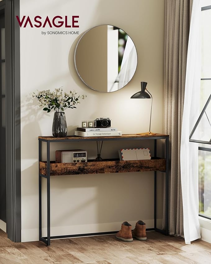 VASAGLE 2-Tier Entryway Table, Narrow Console Table, Semi-Open Compartments, 9.4 x 39.4 x 31.5 Inches, for Hallway, Living Room, Rustic Brown and Ink Black ULNT091K01