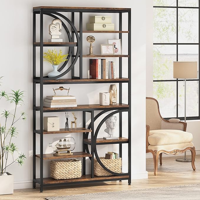 Tribesigns Bookshelf, Industrial 8-Tier Etagere Bookcases, 77-Inch Tall Book Shelf Open Display Shelves, Wood Look Accent Shelving Unit with Metal Frame for Home Office (1, Brown/Black)