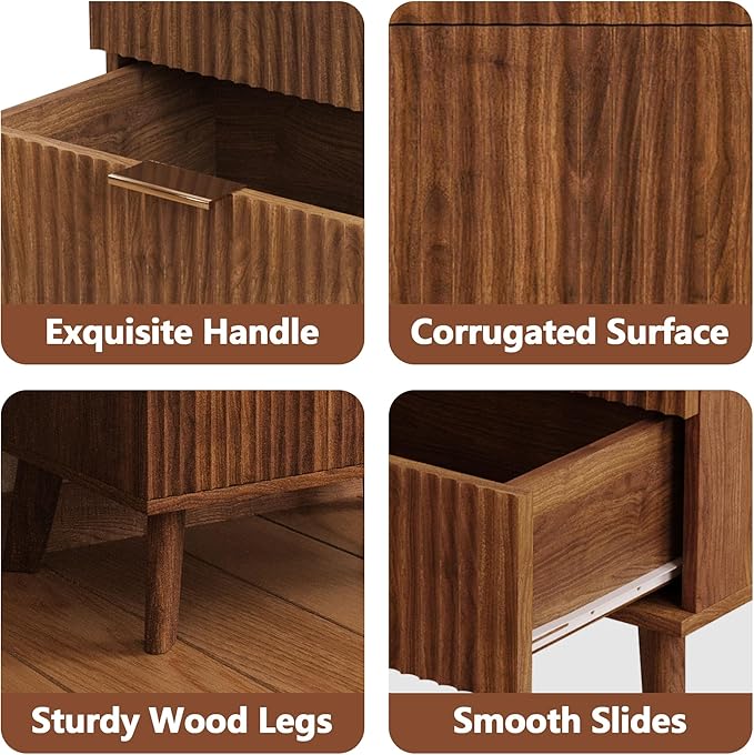 Fluted 3 Drawer Dressers, Modern Closet Dressers Chest of Drawers, Wood Storage Dresser Chest of Drawers Organizer for Bedroom Living Room Hallway Closet, Walnut, 2 Sets