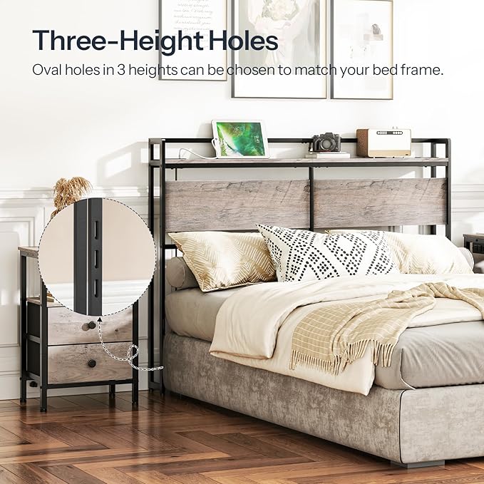HOOBRO Full Size Headboard, Headboard with 2 Outlets and 4 USB Ports, Adjustable Height, Storage Rack, Sturdy and Stable, Easy Assembly, Greige and Black