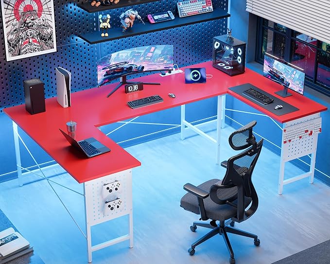 Pamray 71 Inch Large Computer Desk with Power Outlets,U Shaped Corner Desk for Home Office Work and Gaming Red