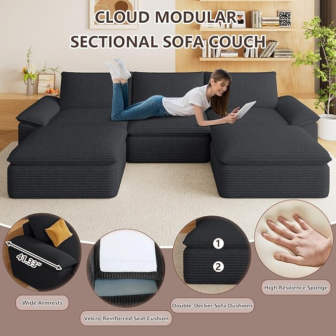 113.03" Sectional Couches for Living Room Modern Modular Sofa with U-Shape Couchs Upholstered Corduroy Boneless Couch Deep Seat Cloud Couch with Ottoman, No Assembly Required, Black