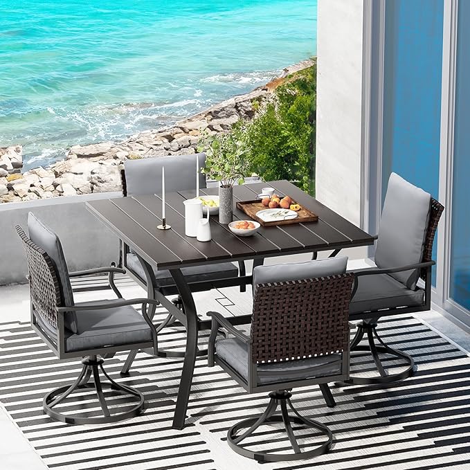 LEVELEVE 5 Piece Outdoor Patio Dining Set with 4 Swivel Dining Chairs & 1 Large Round Dining Table,Bistro Furniture Set for Lawn, Garden, Deck, Backyard and Porch