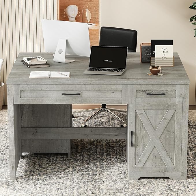 Vabches Farmhouse 51" Executive Desk,Computer Desk with Drawers and Storage Cabinet, Home Office Desk for Work and Study.Grey