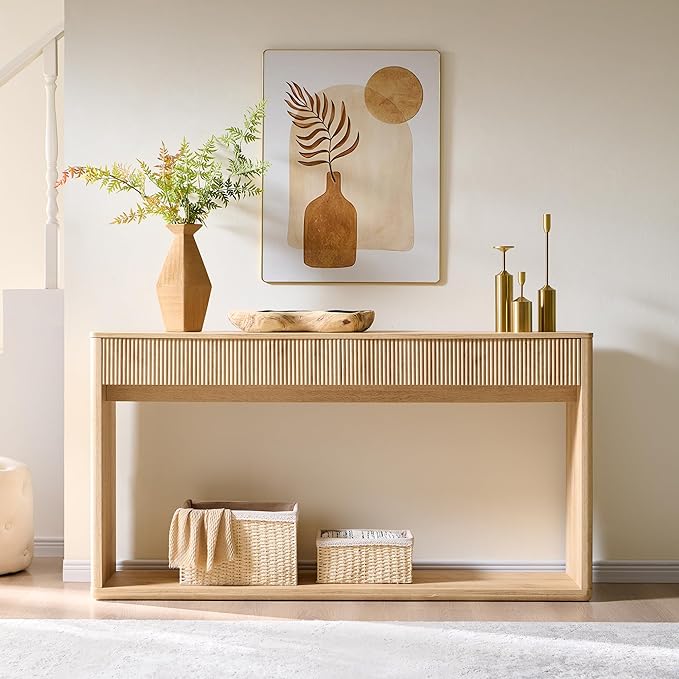 OKD 63" Fluted Console Table for Entryway, Modern Entryway Table with 2 Large Drawers, Long Sofa Table Behind Couch for Living Room, Hallway, Couch, Foyer,Natural Oak