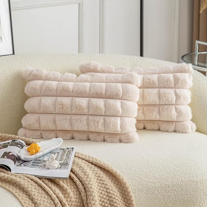 Neelvin Beige Faux Fur Cozy Soft Plaid Decorative Throw Pillow Covers 12x20 inch Set of 2,Velvet Pillowcase Cushion Case for Sofa Couch