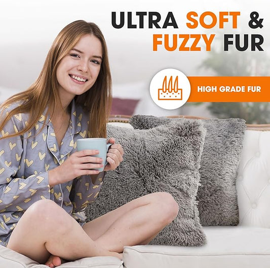 Cheer Collection Throw Pillows for Couch and Bed, Soft Shaggy Throw Pillows with Inserts Included, Cozy Long Hair Faux Fur Pillows - Set of 2-20" x 20" - Silver Gray