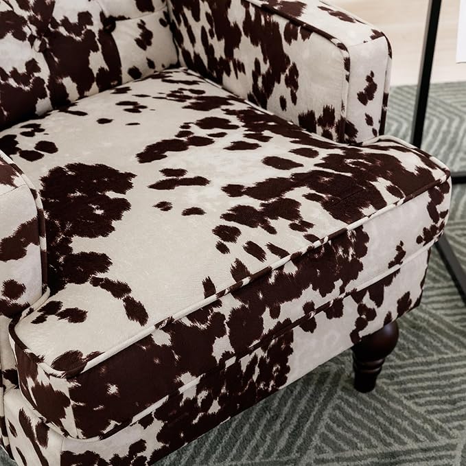 DUOMAY Tufted Accent Chair, Modern Upholstered Wingback Side Arm Chair for Living Room Bedroom with Wood Legs, Comfy Reading Guest Chair for Office, Milk Cow/Brown