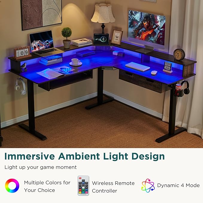 RedLemon 60 Inches L Shaped Electric Standing Desk,Height Adjustable Corner Gaming Desk with Drawers, Keyboard Tray, Power Outlets & LED Lights, Computer Desk with Monitor Shelf, Dark Rustic Oak
