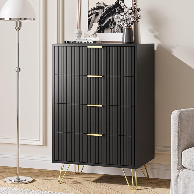 Black Dresser for Bedroom, 4 Drawer Dresser with Gold Metal Handles & Chests of Drawers, Chests of Drawers for Hallway, Bedroom