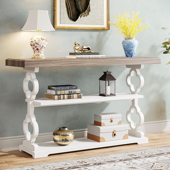 Tribesigns Farmhouse Console Table, 55 inch Long Sofa Table with Storage Shelves, 3 Tier Wood Accent Entry Table for Hallway, Entrance, Living Room, Foyer, Grey and White