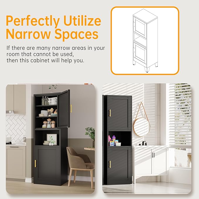Tall Narrow Storage Cabinet 66.93" H Tall Bathroom Cabinet Metal Pantry Cabinets, 4 Adjustable Shelves for Kitchen, Home Office, Living Room, Dinning Room (16 inches Wide Black)