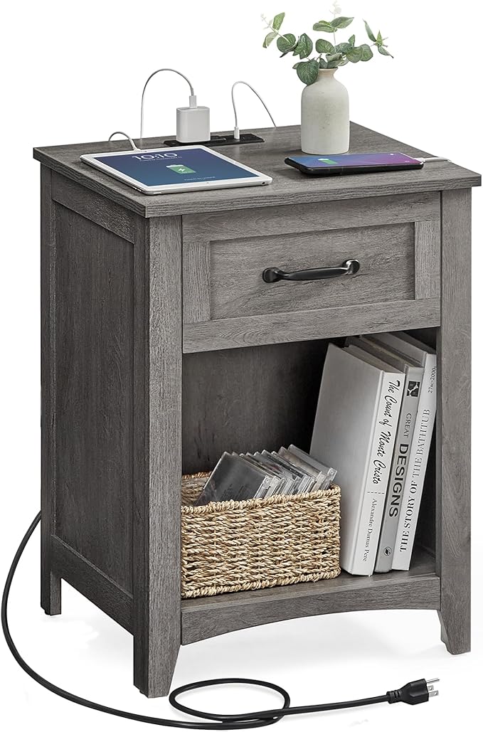 VASAGLE LIRY Collection - Farmhouse Nightstand with Charging Station, Bedside Table, Side Table with Drawer, Open Compartment, for Bedroom, Misty Gray ULET659G68