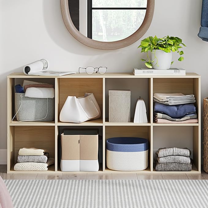 Signature Design by Ashley Piperton Contemporary 4-Tier Floor Standing 8 Cube Organizer, Wood, Works with 10.5" W x 10.5" D x 11" H Storage Bin (Sold Separately), Light Brown