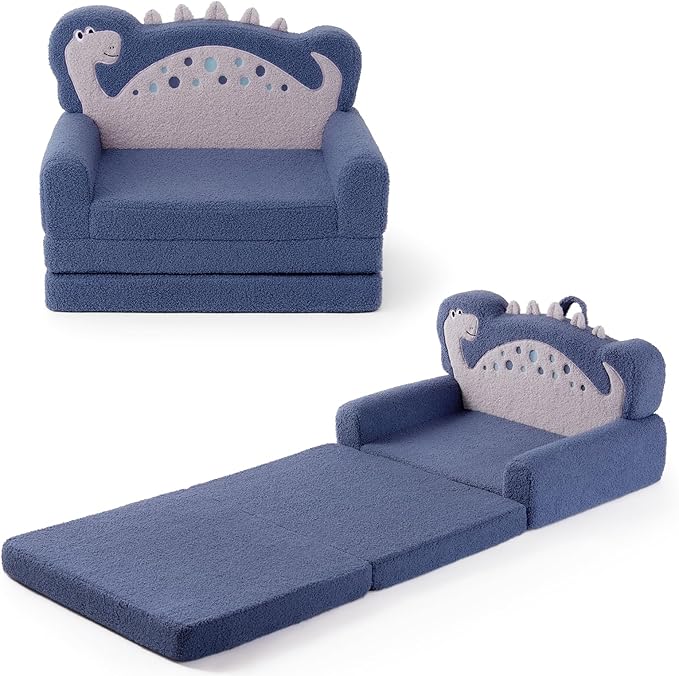 Blissful Diary Kids Couch, 2-in-1 Soft Toddler Couch Fold Out, Toddler Chair Comfy, Convertible Sofa to Lounger, Kids Furniture for Playroom, Gift for Birthday, Children's Day, Blue Dinosaur