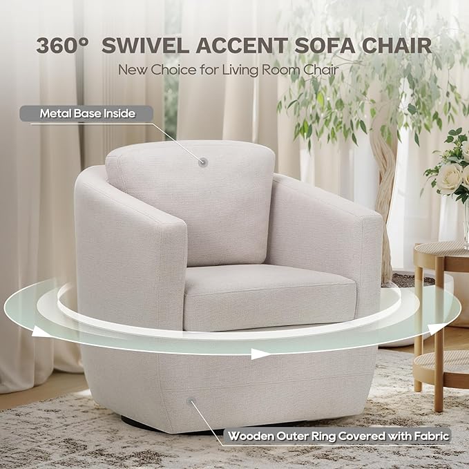 COLAMY Swivel Accent Chair, Round Upholstered Swivel Barrel Armchair Metal Base Fabric Chair Modern No Assembly Sofa Chair for Living Room Bedroom Reading Apartment Nursery, Beige(2pc)