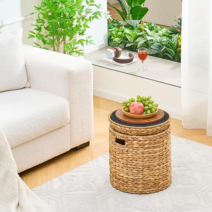Wimarsbon Round Pouf Ottomans, Handwoven Natural Water Hyacinth Seagrass Pouffe,Outdoor Rattan Stool Accent Seat, Bohemian Coastal Home Decor (Storage - 14inch Water Hyacinth Braid)