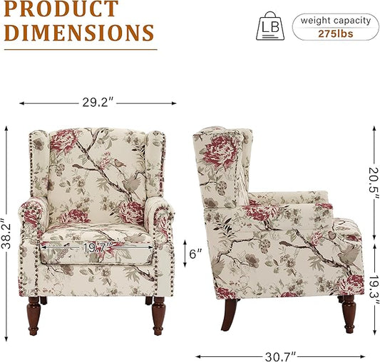 Floral Wingback Accent Chairs Set of 2, High Back Upholstered Armchair, Comfy Fabric Wingback Arms Chairs with Solid Wood Legs, Single Sofa Reading Chair for Bedroom Living Room, Beige
